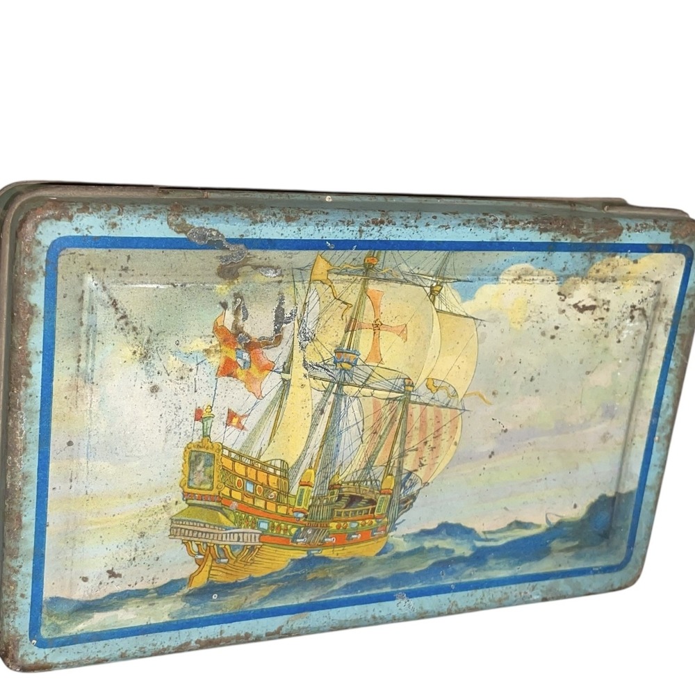 Vintage Nautical Tin Metal‎ Cigar Trinket Box Sailing Ship At Sea Rustic